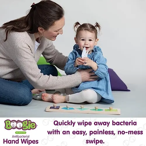 Antibacterial Hand Wipes by Boogie, Alcohol Free, Hypoallergenic and Moisturizing Aloe, Hand Wipes for Kids and Adults, 5 Packs of 20 (100 Total Wipes)