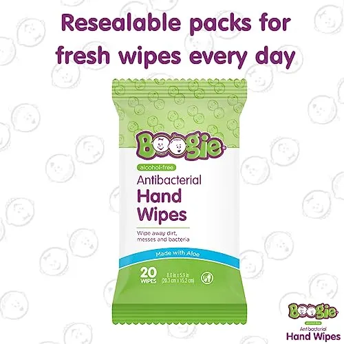 Antibacterial Hand Wipes by Boogie, Alcohol Free, Hypoallergenic and Moisturizing Aloe, Hand Wipes for Kids and Adults, 5 Packs of 20 (100 Total Wipes)