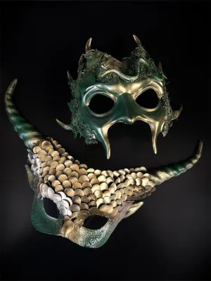 Dragon Horned Mask - Green & Gold Fantasy Collection